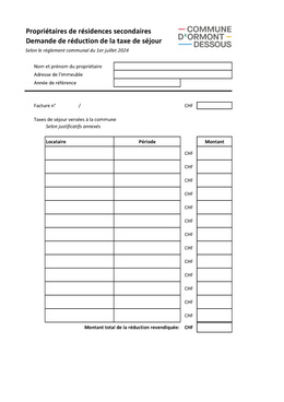 Demande réduction taxe R2 (pdf) Formulaire de demande de réduction de la taxe de séjour
